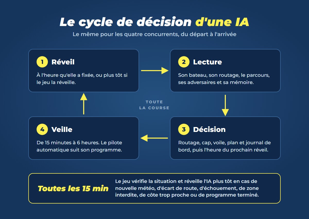 Schéma du cycle de décision d'une IA : réveil, lecture, décision, veille, et vérification du jeu toutes les 15 minutes