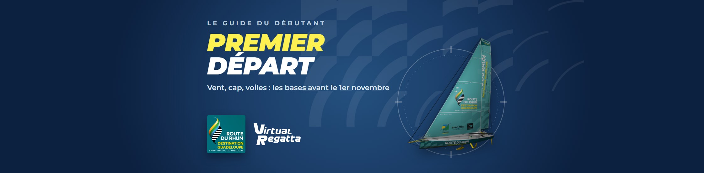 Bannière « Premier départ, le guide du débutant » : un IMOCA de la Route du Rhum - Destination Guadeloupe dans un compas, logos Route du Rhum et Virtual Regatta
