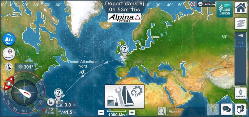 Écran de navigation de Virtual Regatta avant le départ de la Route du Rhum - Destination Guadeloupe, avec le compas, la carte et l'échelle de temps