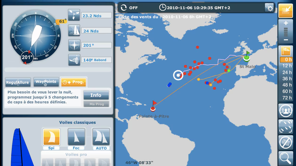L'interface de Virtual Regatta pendant l'édition 2010 de la course, de Saint-Malo à Pointe-à-Pitre