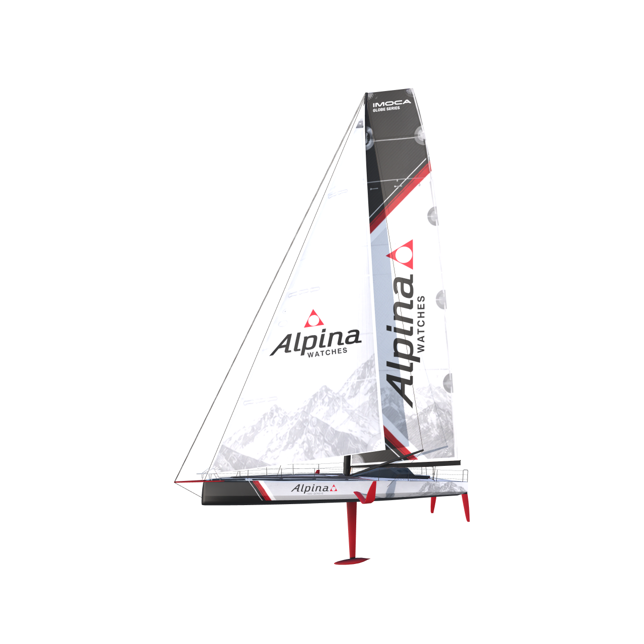 IMOCA aux couleurs d'Alpina dans Virtual Regatta, coque blanche et noire, foils rouges et logo Alpina sur les voiles.