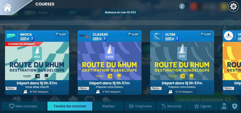 Liste des courses de Virtual Regatta avec les cartes Route du Rhum - Destination Guadeloupe en IMOCA, Class40 et Ultim