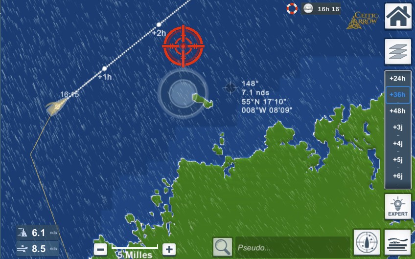 Cible du Routage Express placée sur la carte de Virtual Regatta, devant le bateau