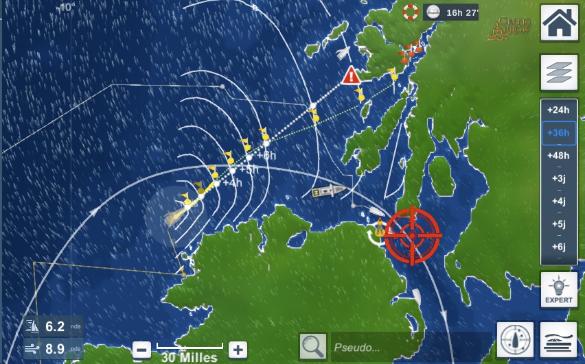 Route calculée par le Routage Express de Virtual Regatta, jalonnée de points de programmation jusqu'à la cible