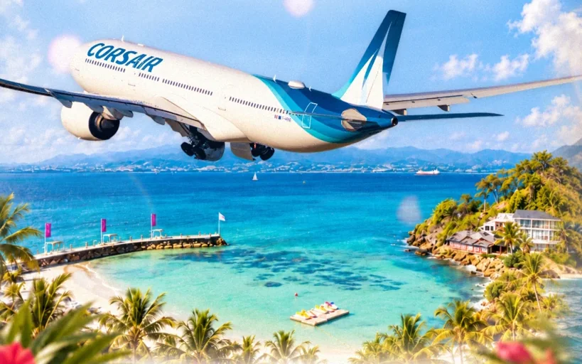 Avion Corsair au-dessus de la plage de La Créole Beach Hôtel & Spa, au Gosier en Guadeloupe