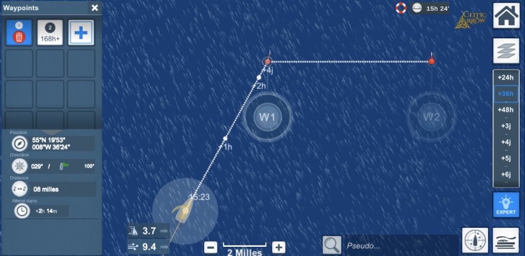 Deux waypoints posés sur la carte de Virtual Regatta, avec la route du bateau qui les relie